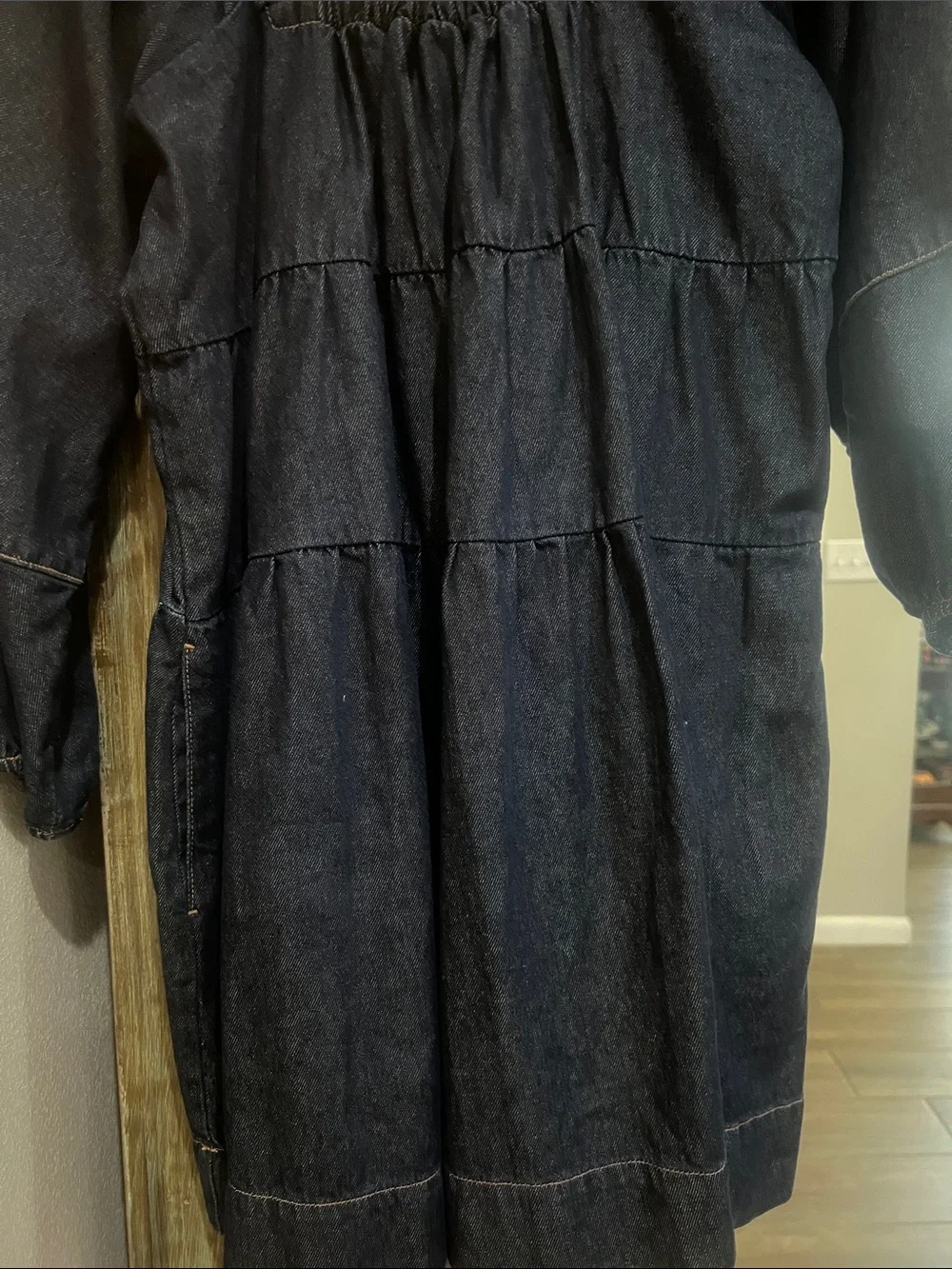 Free People Dark Blue Denim Smocked Square-Neck Mini Dress